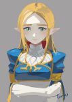  1girl bangs blonde_hair green_eyes grey_background long_hair looking_at_viewer nintendo open_mouth parted_bangs pointy_ears princess princess_zelda signature solo straight_hair tarai_(silica5) the_legend_of_zelda the_legend_of_zelda:_breath_of_the_wild thick_eyebrows turtleneck upper_body 