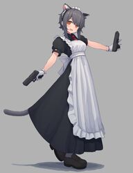  1girl animal_ear_fluff animal_ears apron cat_ears cat_tail commentary dual_wielding english_commentary fang full_body gloves grey_hair gun handgun highres holding holding_gun holding_weapon loafers maid maid_apron maid_headdress necktie orange_eyes original pistol puffy_short_sleeves puffy_sleeves shoes short_hair_with_long_locks short_sleeves simple_background solo tail weapon white_gloves wozora 