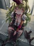  1girl aamond absurdres bangs between_legs black_gloves blush breasts calico_m950 eyebrows_visible_through_hair girls_frontline gloves green_hair gun hair_between_eyes hand_between_legs handgun highres holding long_hair looking_at_viewer m950a_(girls_frontline) medium_breasts messy_hair petting scratching_cheek shirt sidelocks skirt smile submachine_gun thigh-highs twintails two_side_up weapon yellow_eyes 