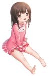  1girl barefoot between_legs brown_eyes brown_hair character_request destiny_child dress feet hand_between_legs highres long_hair open_mouth pink_dress short_dress simple_background sitting soles solo toes white_background 