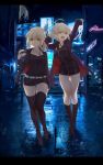  2girls arm_up artoria_pendragon_(all) bangs belt belt_buckle black_dress black_footwear black_legwear black_shirt black_shorts boots breasts brown_eyes buckle commentary_request dress fate/grand_order fate_(series) fur-trimmed_jacket fur-trimmed_sleeves fur_trim hair_between_eyes hand_up highres holding jacket jeanne_d&#039;arc_(alter)_(fate) jeanne_d&#039;arc_(fate)_(all) karinto_yamada knee_boots large_breasts light_brown_hair long_hair long_sleeves multiple_girls neon_lights night night_sky open_clothes open_jacket outdoors purple_jacket reflection saber_alter shinjuku shirt short_shorts shorts sky star stretch thigh-highs thigh_boots white_belt wicked_dragon_witch_ver._shinjuku_1999 