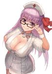  1girl absurdres bangs bb_(fate)_(all) bb_(fate/extra_ccc) blush breasts buttons cleavage closed_mouth collar collarbone dress fate/extra fate/extra_ccc fate_(series) glasses hair_between_eyes hair_ribbon hand_gesture hand_on_hip hat highres hoshibudou large_breasts long_hair looking_at_viewer nurse nurse_cap purple_hair red_ribbon ribbon short_dress short_sleeves simple_background smile solo v violet_eyes white_background white_dress wrist_cuffs 
