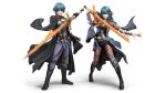  1boy 1girl 3d arm_guards black_footwear black_gloves boots brother_and_sister byleth_(fire_emblem) byleth_eisner_(female) byleth_eisner_(male) dagger dual_persona female_my_unit_(fire_emblem:_three_houses) fire_emblem fire_emblem:_three_houses fire_emblem:_three_houses fire_emblem_16 flaming_sword flaming_weapon gloves green_hair highres intelligent_systems knee_brace legwear_under_shorts looking_at_viewer male_my_unit_(fire_emblem:_three_houses) midriff my_unit_(fire_emblem:_three_houses) navel nintendo official_art open_hand pantyhose patterned_clothing serious sheath sheathed short_hair shorts siblings simple_background sora_(company) standing stomach super_smash_bros. super_smash_bros._ultimate super_smash_bros_brawl sword sword_of_the_creator weapon white_background 