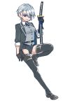  1girl black_gloves black_neckwear blue_eyes bolo_tie full_body genderswap genderswap_(mtf) gloves holding holding_weapon jacket maofish open_clothes open_jacket short_shorts shorts silver_hair solo thigh-highs thighs touken_ranbu waistcoat weapon yamanbagiri_chougi 