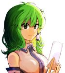  1girl absurdres ahoge breasts detached_sleeves frog_hair_ornament gohei green_eyes green_hair hair_ornament hair_tubes highres kochiya_sanae long_hair looking_at_viewer medium_breasts nontraditional_miko sen_(daydream_53) simple_background smile snake_hair_ornament solo touhou upper_body white_background 