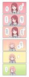  ... 2girls :d :o ^_^ bang_dream! bangs blue_eyes blush closed_eyes closed_eyes collared_shirt comic fang flying_sweatdrops green_neckwear grey_jacket hand_behind_head highres jacket logo long_sleeves low_twintails multiple_girls necktie notice_lines open_mouth outline pink_hair pout re_ghotion redhead shirt smile spoken_ellipsis striped striped_neckwear sweatdrop translation_request twintails udagawa_tomoe uehara_himari white_outline white_shirt 