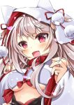  1girl alternate_costume azur_lane bangs blush bow breasts eyebrows_visible_through_hair nail_polish open_mouth red_bow red_nails solo thick_eyebrows under_boob wolf_girl yuudachi_(azur_lane) 