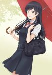  1girl bag black_hair darknessukaru highres long_hair nanami_touko red_ribbon red_umbrella ribbon school_uniform smile solo umbrella uniform yagate_kimi_ni_naru 