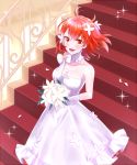  1girl :d bouquet bow breasts choker cleavage collarbone dress eyebrows_visible_through_hair fate/grand_order fate_(series) floating_hair flower fujimaru_ritsuka_(female) gloves hair_between_eyes hair_flower hair_ornament holding holding_bouquet indoors long_dress medium_breasts one_side_up open_mouth orange_eyes redhead short_hair sleeveless sleeveless_dress smile solo stairs strapless strapless_dress white_bow white_dress white_flower white_gloves xrfc8473 