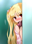 1girl bitter_sweet_(fate/grand_order) blonde_hair blush box commentary_request earrings ereshkigal_(fate/grand_order) fate/grand_order fate_(series) gift gift_box hair_ribbon highres jewelry kouga_(hipporit) long_hair looking_at_viewer peeking_out pink_ribbon red_eyes ribbon shawl solo sweatdrop two_side_up 