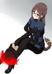  1girl absurdres black-framed_eyewear black_footwear black_gloves black_legwear blue_bodysuit bodysuit braid braided_ponytail brown_eyes brown_hair consort_yu_(fate) fate/grand_order fate_(series) fire full_body glasses gloves gradient gradient_background hair_ornament high_heels highres k-ya. long_hair single_braid sitting solo vertical-striped_bodysuit very_long_hair 