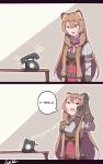  1girl 2koma absurdres animal_ears artist_name belt brown_hair comic gloves highres holding holding_phone indonesian_text long_hair looking_down phone raccoon_ears raphtalia red_eyes red_ribbon ribbon signature simple_background smile solo table tate_no_yuusha_no_nariagari tegar32 very_long_hair 