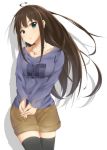  1girl ahoge black_legwear brown_hair brown_shorts collarbone cowboy_shot earrings eyebrows_visible_through_hair floating_hair green_eyes grey_shirt highres idolmaster idolmaster_cinderella_girls jewelry long_hair long_sleeves looking_at_viewer necklace print_shirt shado shibuya_rin shirt short_shorts shorts simple_background solo standing taka-chan thigh-highs very_long_hair white_background zettai_ryouiki 