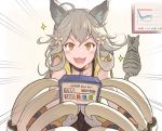  1girl ahoge animal_ears blush brown_hair card cat claw_(weapon) claws collar erune eyebrows_visible_through_hair fangs fangs_out flower granblue_fantasy graph grey_hair hair_flower hair_ornament hinami_(hinatamizu) looking_at_viewer open_mouth sen_(granblue_fantasy) sparkle weapon white_background 