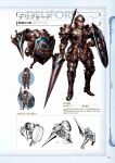  1boy armor armored_boots boots brown_eyes brown_hair character_name deliford full_armor full_body gloves granblue_fantasy helmet highres male_focus minaba_hideo multiple_views non-web_source official_art page_number polearm scan shield simple_background solo spear translation_request weapon 
