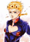  1boy aruti blonde_hair blue_eyes blurry braid brooch depth_of_field earrings giorno_giovanna jewelry jojo_no_kimyou_na_bouken male_focus petals serious single_braid solo stud_earrings upper_body vento_aureo 