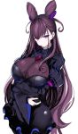  1girl bangs breasts cleavage double_bun eyebrows_visible_through_hair fafas68 fate/grand_order fate_(series) hair_ornament highres large_breasts long_hair looking_at_viewer murasaki_shikibu_(fate) purple_hair simple_background solo very_long_hair violet_eyes white_background 