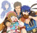  2boys armor blue_eyes blue_hair blush brown_hair cape closed_eyes eating father_and_daughter father_and_son fire_emblem fire_emblem:_souen_no_kiseki fire_emblem_heroes flower food gloves gonzarez green_eyes greil hair_tubes headband hug ike long_hair mist_(fire_emblem) mother_and_daughter mother_and_son multiple_boys nintendo one_eye_closed open_mouth petals scarf short_hair simple_background smile sword tears valentine weapon 