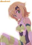  1girl akatsuki_kirika bare_shoulders blonde_hair breasts commentary_request covered_navel elbow_gloves eyebrows_visible_through_hair gloves green_eyes hair_ornament leotard looking_at_viewer medium_breasts mutsuki_riichi open_mouth senki_zesshou_symphogear shiny shiny_clothes shiny_hair shiny_skin short_hair simple_background sitting solo striped striped_legwear thigh-highs white_background x_hair_ornament 