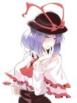  1girl ascot asutora bangs black_hat black_skirt blush breasts capelet commentary_request cowboy_shot eyebrows_visible_through_hair frilled_capelet frills hair_between_eyes half-closed_eyes hand_up hat hat_ribbon large_breasts long_sleeves nagae_iku nose_blush parted_lips purple_hair red_eyes red_neckwear red_ribbon ribbon shirt short_hair simple_background skirt solo touhou white_background white_capelet white_shirt wing_collar 