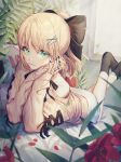  artoria_pendragon_(all) bed_sheet black_bow black_legwear black_nails black_ribbon blonde_hair blurry_foreground bow collarbone eyebrows_visible_through_hair fate/unlimited_codes fate_(series) flower green_eyes hair_bow hair_ornament highres indoors interlocked_fingers kellymonica02 legs_up looking_at_viewer lying miniskirt nail_polish off-shoulder_shirt off_shoulder on_stomach pencil_skirt petals ponytail red_flower ribbed_sweater ribbon saber_lily shiny shiny_hair shirt short_hair skirt socks sweater the_pose white_skirt white_sweater window 