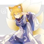  1girl 2 ;) animal_ear_fluff animal_ears arm_up bangs blonde_hair breasts commentary_request dress eyebrows_visible_through_hair feet_out_of_frame fox_ears fox_tail frilled_shirt_collar frills grey_background grin hair_between_eyes highres large_breasts leaning_forward long_sleeves looking_at_viewer multiple_tails no_hat no_headwear one_eye_closed rin_falcon short_hair smile solo spoken_number tail touhou two-tone_background v white_background white_dress wide_sleeves yakumo_ran yellow_eyes 