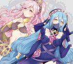  2girls aqua_(fire_emblem_if) black_dress black_gloves black_hairband blue_hair braid breasts bridal_gauntlets cleavage dress elbow_gloves fingerless_gloves fire_emblem fire_emblem:_kakusei fire_emblem_heroes fire_emblem_if gloves hairband long_hair medium_breasts multiple_girls navel nintendo olivia_(fire_emblem) parted_lips pink_eyes pink_hair plushcharm ponytail twin_braids twitter_username veil yellow_eyes 