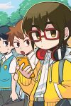  3boys blue_eyes blue_sweater_vest brown_eyes brown_hair cellphone glasses haku_le hand_in_pocket headphones headphones_around_neck jitome looking_at_viewer male_focus multiple_boys phone red-framed_eyewear satou_shigeru seizei_ganbare!_mahou_shoujo_kurumi smartphone suzuki_kiyoshi sweatdrop sweater_vest takashi_isamu tree yellow_eyes yellow_hoodie 