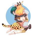  2girls animal_ears backpack bag bangs bare_shoulders black_footwear black_gloves black_legwear black_shirt blonde_hair blush closed_eyes crying csiguli elbow_gloves gloves green_hair hat hat_feather hat_removed headwear_removed hug kaban_(kemono_friends) kemono_friends kneeling legwear_under_shorts miniskirt multiple_girls open_mouth pantyhose serval_(kemono_friends) serval_ears serval_print serval_tail shirt shoes shorts signature skirt spoilers tail thigh-highs watch watch white_footwear yuri zettai_ryouiki 