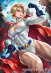  1girl artist_name belt blonde_hair blue_eyes blue_gloves boots breasts cape cleavage cleavage_cutout clouds cloudy_sky dc_comics feet_out_of_frame gloves huge_breasts large_breasts leotard lips looking_at_viewer muscle muscular_female nudtawut_thongmai outdoors power_girl short_hair sky smile solo superhero thighs veins veiny_breasts 