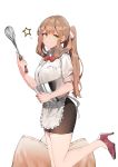  1girl alternate_costume apron bare_legs black_skirt blush bow bowl bowtie breasts brown_hair closed_mouth collared_shirt cream girls_frontline green_eyes hair_between_eyes hair_ribbon hair_rings high_heels highres holding holding_bowl holding_whisk ihobus leg_up long_hair looking_at_viewer m1903_springfield_(girls_frontline) medium_breasts miniskirt no_socks pencil_skirt ponytail red_footwear red_neckwear ribbon shirt sidelocks simple_background skirt sleeves_folded_up smile solo standing standing_on_one_leg star thighs waist_apron whisk white_background 
