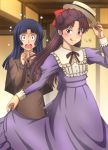  1boy 1girl :o bangs black_eyes black_hair blunt_bangs blush bow brown_capelet brown_eyes brown_hair dress drunk fujii_satoshi haikara-san_ga_tooru hanamura_benio hat hayami_saori indoors juliet_sleeves long_hair long_sleeves looking_at_viewer puffy_sleeves purple_dress ranmaru_fujieda red_bow skirt_hold smile standing tongue tongue_out 