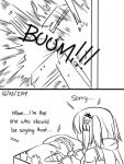  bandage beak bell bird comic dated english_text explosion from_behind guin_guin hair_ornament injury kantai_collection lying monochrome penguin remodel_(kantai_collection) scarf sendai_(kantai_collection) sleeveless two_side_up 