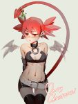  1girl 3four bat_wings blush choker closed_mouth commentary demon_girl demon_tail demon_wings disgaea earrings elbow_gloves etna flat_chest gloves jewelry long_tail looking_at_viewer makai_senki_disgaea mini_wings miniskirt mistletoe navel pointy_ears red_eyes redhead short_hair simple_background skirt skull skull_earrings solo tail tail_raised thigh-highs twintails wings 