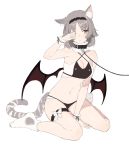  1girl aiko_(kanl) animal_ear_fluff animal_ears armpits bare_arms bare_legs bare_shoulders bat_wings belt_collar between_legs black_panties blush breasts brown_eyes cat_ears cat_tail cleavage closed_mouth collar criss-cross_halter crop_top full_body grey_hair hairband halterneck hand_up highres leash leg_garter looking_at_viewer medium_breasts navel no_pants one_eye_closed original panties rubbing_eyes short_hair simple_background sitting solo stomach tail thighs underwear wariza white_background white_footwear wings 