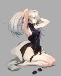  1girl armpits bangs bare_legs bare_shoulders barefoot breasts coat coat_removed commentary_request cross girls_frontline glasses grey_background grey_hair hair_ornament hair_over_one_eye highleg highleg_leotard hk21_(girls_frontline) jewelry korean_commentary leotard long_hair olys round_eyewear simple_background solo thigh_strap twintails violet_eyes 