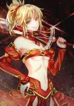  1girl azaka_(rionrita) blonde_hair bra braid breasts cleavage detached_sleeves eyebrows_visible_through_hair fate/apocrypha fate_(series) green_eyes grin hair_ornament hair_scrunchie hand_on_hip high_ponytail holding holding_sword holding_weapon long_hair long_sleeves looking_at_viewer mordred_(fate) mordred_(fate)_(all) navel red_bra red_scrunchie red_sleeves scrunchie shiny shiny_hair small_breasts smile solo standing strapless strapless_bra sword under_boob underwear weapon 