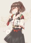  1girl 1other ;p alcohol black_skirt bottle brown_hair cowboy_shot cup enemy_lifebuoy_(kantai_collection) eyebrows_visible_through_hair hair_ribbon hakama_skirt holding holding_bottle holding_cup ise_(kantai_collection) kantai_collection looking_at_viewer nontraditional_miko one_eye_closed pink_background pleated_skirt pointing ponytail red_eyes red_ribbon remodel_(kantai_collection) ribbon sake sake_bottle short_hair skin_tight skirt tokkuri tongue tongue_out undershirt yuzu_(kimagure_kankitsurui) 