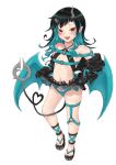  1girl absurdres adapted_costume bangs belt black_footwear black_gloves black_hair black_jacket black_skirt blue_belt blue_hair blue_panties blue_wings blush breasts chest_belt clothes_lift commentary_request cross-laced_sleeves demon_girl demon_horns demon_tail demon_wings fang flip-flops full_body gloves grey_skirt halter_top halterneck heart heart-shaped_pupils heart_tail highres horns jacket layered_skirt lifted_by_self long_hair long_sleeves looking_at_viewer miniskirt multicolored_hair nail_polish navel norio_minami open_mouth panties pointy_ears pubic_tattoo red_eyes sandals shishio_chris simple_background skirt skirt_lift small_breasts smile solo sugar_lyric symbol-shaped_pupils tail tattoo thigh_strap toenail_polish toenails transparent_background two-tone_hair underwear virtual_youtuber wings zipper_skirt 