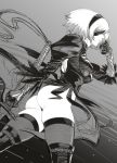  1girl ass back_cutout black_blindfold black_dress black_hairband blindfold boots breasts cleavage_cutout commentary_request covered_eyes dress feather-trimmed_sleeves gloves hairband highleg highleg_leotard hounyoumaru juliet_sleeves katana leotard long_sleeves medium_breasts monochrome nier_(series) nier_automata puffy_sleeves silver_hair solo sword thigh-highs thigh_boots thighhighs_under_boots vambraces weapon white_hair white_leotard yorha_no._2_type_b 