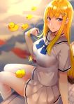  1girl blonde_hair blue_eyes blush breasts choker commentary_request hair_ornament hairclip highres kaerunoashi long_hair looking_at_viewer medium_breasts original rubber_duck school_uniform serafuku sidelocks sitting skirt soaking_feet solo white_serafuku 