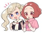  2girls :d atlus blonde_hair blue_eyes blush brown_eyes brown_hair commentary commentary_request cup do_m_kaeru hood hoodie megami_tensei moe multiple_girls okumura_haru open_mouth partial_commentary pastry persona persona_5 pink_sweater ribbed_sweater short_hair smile sweater takamaki_anne teacup twitter_username 