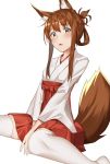  1girl animal_ears blush brown_eyes brown_hair eyebrows_visible_through_hair folded_ponytail hakama hakama_skirt inazuma_(kantai_collection) japanese_clothes kantai_collection kimono long_hair long_sleeves looking_at_viewer open_mouth pallad red_hakama sitting squirrel_ears squirrel_tail tail thigh-highs wariza white_kimono white_legwear 