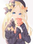  1girl abigail_williams_(fate/grand_order) akapug621 black_bow black_hat black_shirt blonde_hair blue_eyes bow fate/grand_order fate_(series) floating_hair hair_bow hat holding holding_stuffed_animal long_hair looking_at_viewer orange_bow parted_lips polka_dot polka_dot_bow shirt simple_background sleeves_past_wrists solo stuffed_animal stuffed_toy teddy_bear upper_body white_background 