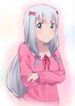  1girl blue_eyes blush bow collarbone cropped_arms eromanga_sensei eyebrows_visible_through_hair floating_hair hair_bow izumi_sagiri long_hair looking_at_viewer neck_ribbon pink_cardigan red_bow red_ribbon ribbon silver_hair solo taka-chan upper_body v-shaped_eyebrows very_long_hair white_background 