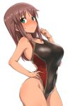  1girl ayuayu_(shouyu_no_sato) black_swimsuit blush breasts brown_hair closed_mouth collarbone commentary_request competition_swimsuit covered_navel cowboy_shot eyebrows_visible_through_hair green_eyes hand_on_hip highleg highleg_swimsuit large_breasts looking_at_viewer one-piece_swimsuit original simple_background solo standing sweat swimsuit tan white_background 