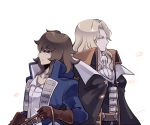  2boys alucard_(castlevania) belt blonde_hair blue_eyes brown_hair cape castlevania castlevania:_rondo_of_blood castlevania:_symphony_of_the_night gloves headband kotorai long_hair male_focus multiple_boys richter_belmondo short_hair silver_hair weapon white_hair 