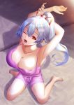  1girl :o absurdres armpits arms_behind_head barefoot breasts cleavage collarbone commentary_request eyebrows_visible_through_hair eyelashes fate/grand_order fate_(series) fujifuji924 hair_between_eyes highres huge_breasts long_hair looking_at_viewer looking_up one_eye_closed pink_pajamas ponytail red_eyes silver_hair sitting solo stretch tomoe_gozen_(fate/grand_order) wariza yawning 