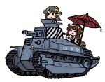  2girls ahoge brown_hair character_name chibi closed_eyes cup double_bun grey_hair ground_vehicle hair_ornament hairclip haruna_(kantai_collection) headgear holding holding_cup holding_saucer kantai_collection kongou_(kantai_collection) long_hair military military_vehicle motor_vehicle multiple_girls nontraditional_miko oriental_umbrella picnic_basket simple_background sparkle tank teacup terrajin type_89_i-gou umbrella white_background 