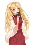  1girl blonde_hair blush bow dress ereshkigal_(fate/grand_order) eyebrows_visible_through_hair fate/grand_order fate_(series) hair_bow holding long_hair looking_at_viewer red_dress red_eyes sash simple_background sleeveless sleeveless_dress solo standing tukise_33 twintails very_long_hair white_background white_bow 